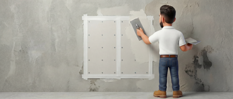 A person in a white shirt and jeans applies plaster to a patched section of a wall using a trowel, demonstrating careful Stucco Care and skill with Synthetic Stucco.