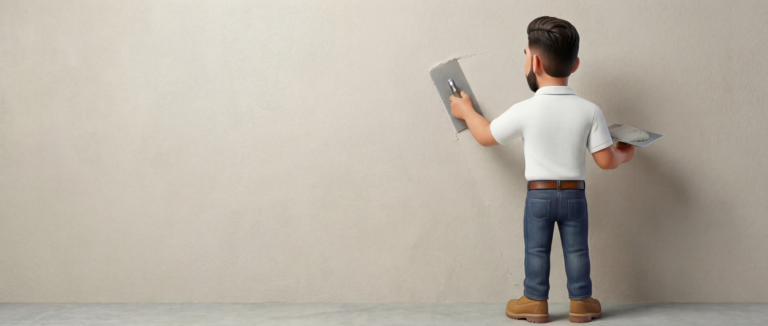 A man wearing a white shirt, jeans, and boots is smoothing synthetic stucco on a wall with a trowel and holding a hawk, demonstrating expert commercial stucco care.