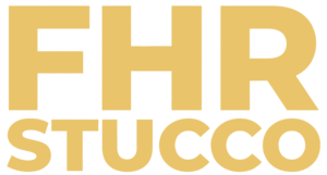 Large yellow text on a white background reads FHR STUCCO in bold, uppercase letters.