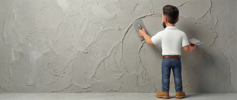 A man with dark hair and a beard is applying plaster to a gray wall using a trowel, standing on a smooth floor and facing away from the camera—demonstrating expert Commercial Stucco Care techniques.