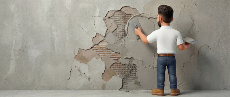 A man in a white shirt and jeans uses tools to repair a damaged, plaster wall with exposed lath, focusing on proper stucco care to ensure lasting results.