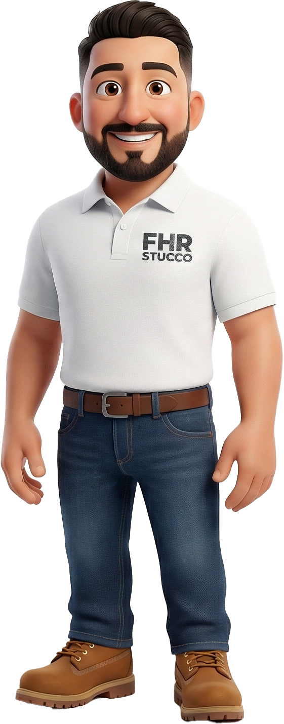 3D animated man with a beard, wearing a white FHR Stucco polo shirt, jeans, and brown work boots, standing and smiling.