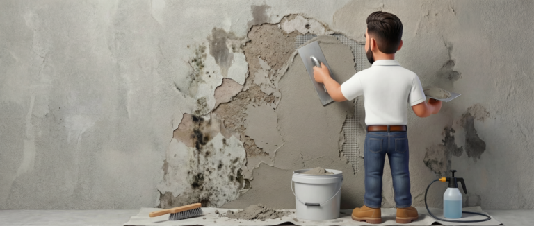 A man in a white shirt and jeans is repairing a damaged, moldy wall using plaster, with tools and supplies on a drop cloth nearby—demonstrating essential commercial stucco care for synthetic stucco or EIFS surfaces.