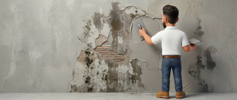 A person in a white shirt and jeans uses a trowel to repair a damaged, moldy wall with exposed lath, preparing the surface for new synthetic stucco.