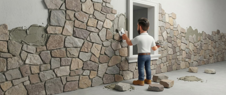 A man in a white shirt and jeans applies cement to secure stone around a window, carefully working on architectural elements of the partially finished wall.