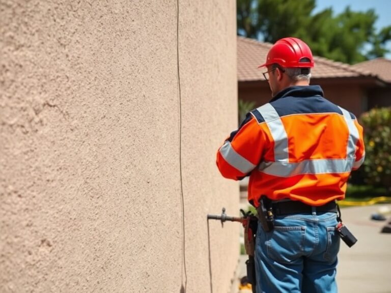 A diagonal crack in exterior stucco running from a window corner — a classic sign that a how serious is a stucco crack needs professional evaluation