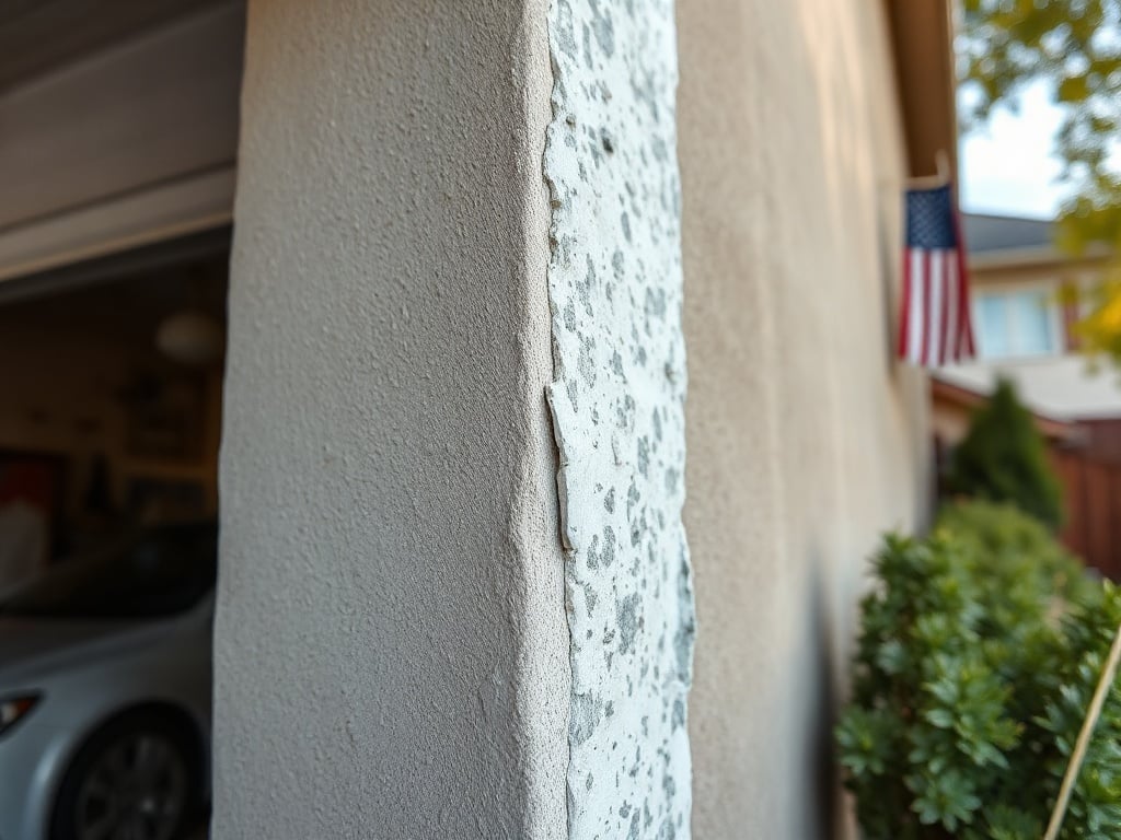 A diagonal crack in exterior stucco running from a window corner — a classic sign that a how serious is a stucco crack needs professional evaluation