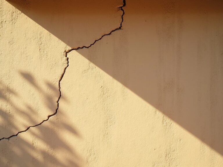 A diagonal stucco crack that keeps coming back on the exterior wall of a suburban Arizona home in bright afternoon sunlight.
