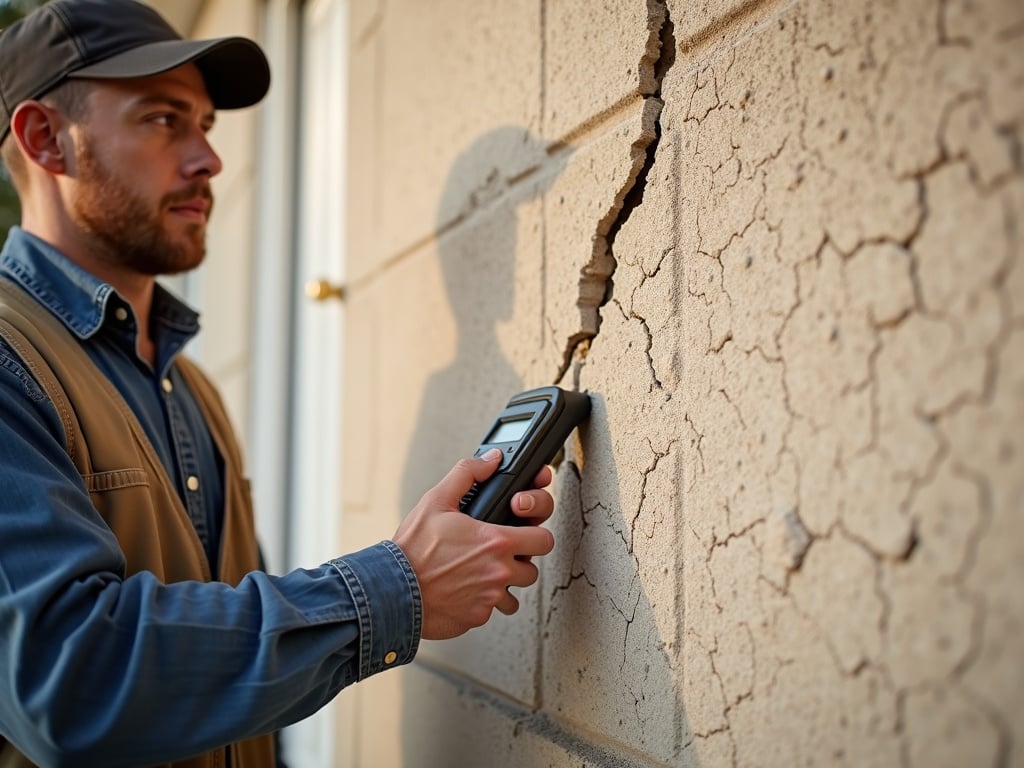 A diagonal stucco crack that keeps coming back on the exterior wall of a suburban Arizona home in bright afternoon sunlight.