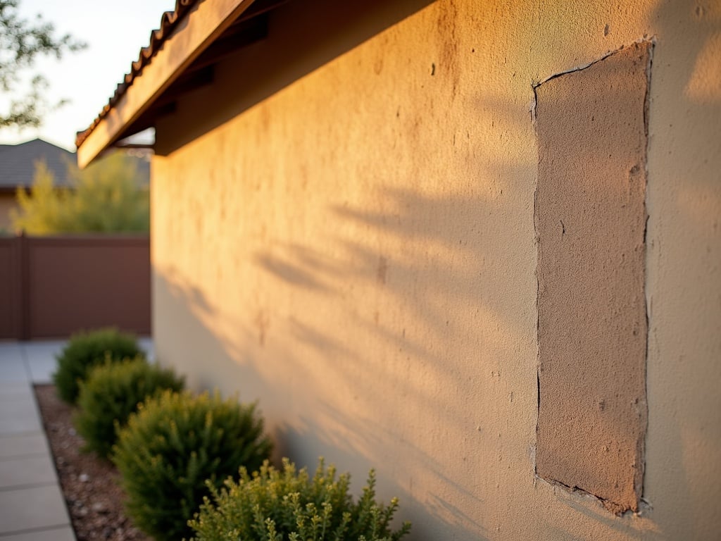 A diagonal stucco crack that keeps coming back on the exterior wall of a suburban Arizona home in bright afternoon sunlight.