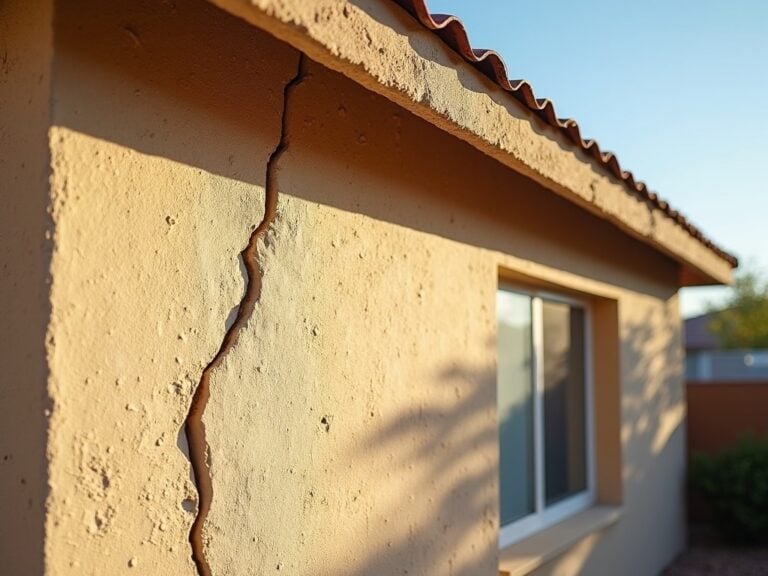 A close-up of a stucco crack that keeps coming back on a beige stucco wall near a window corner, photographed in warm Arizona afternoon sunlight
