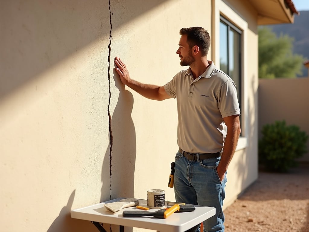 A close-up of a stucco crack that keeps coming back on a beige stucco wall near a window corner, photographed in warm Arizona afternoon sunlight