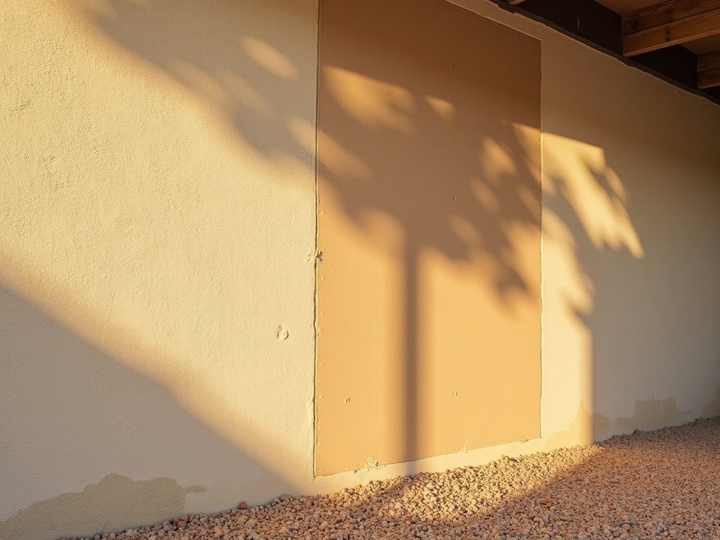 A close-up of a stucco crack that keeps coming back on a beige stucco wall near a window corner, photographed in warm Arizona afternoon sunlight