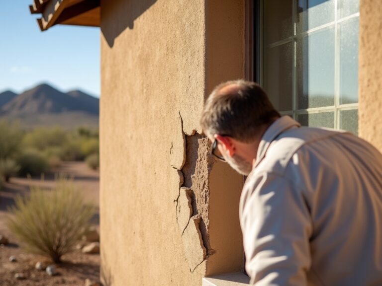A stucco specialist inspecting a diagonal crack at a window corner — a textbook example of stucco around windows repair on a Phoenix-area home.