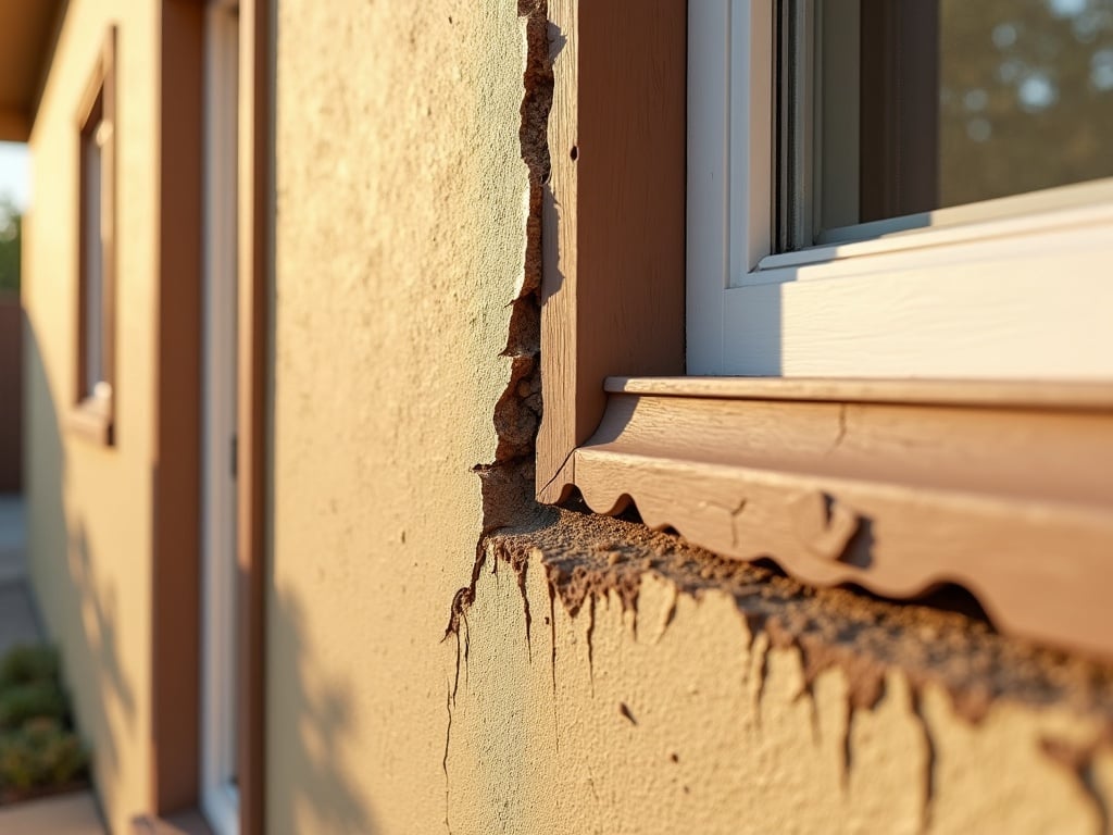 A stucco specialist inspecting a diagonal crack at a window corner — a textbook example of stucco around windows repair on a Phoenix-area home.