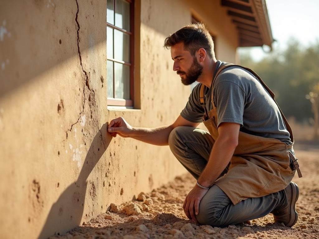 Soft Spots and Hollow Sounds: How to Find Hidden Damage in Your Stucco Before It Spreads A stucco specialist performing a tap test on an exterior wall to locate stucco hollow spots on a suburban Arizona home in the morning light.
