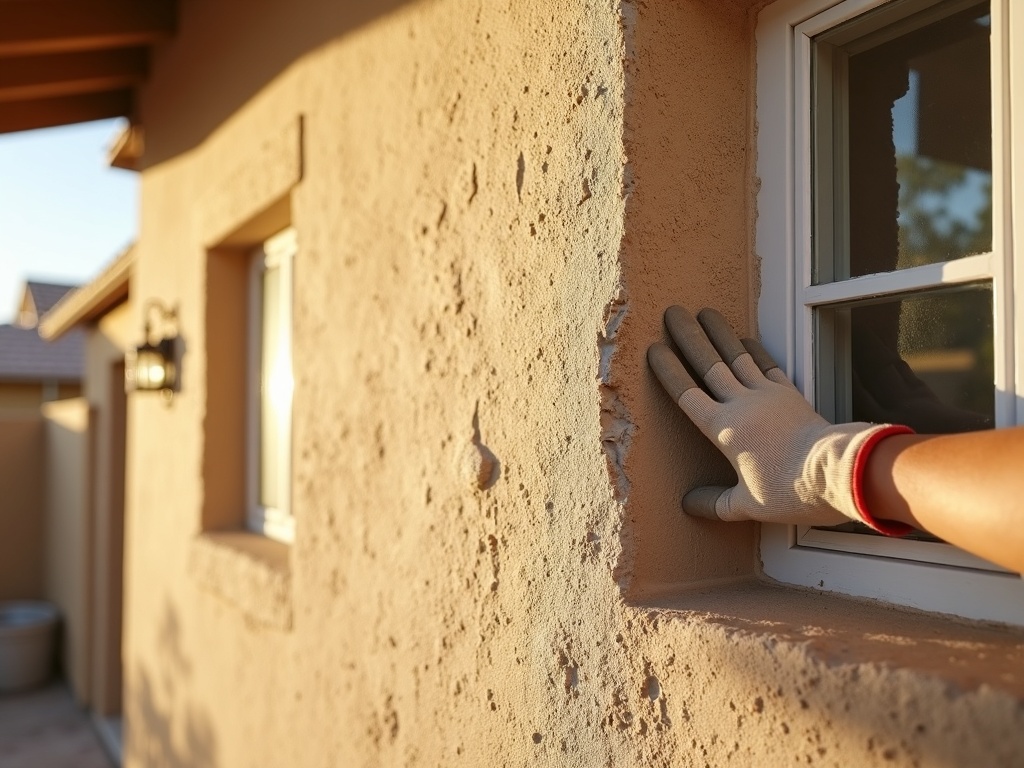Soft Spots and Hollow Sounds: How to Find Hidden Damage in Your Stucco Before It Spreads A stucco specialist performing a tap test on an exterior wall to locate stucco hollow spots on a suburban Arizona home in the morning light.