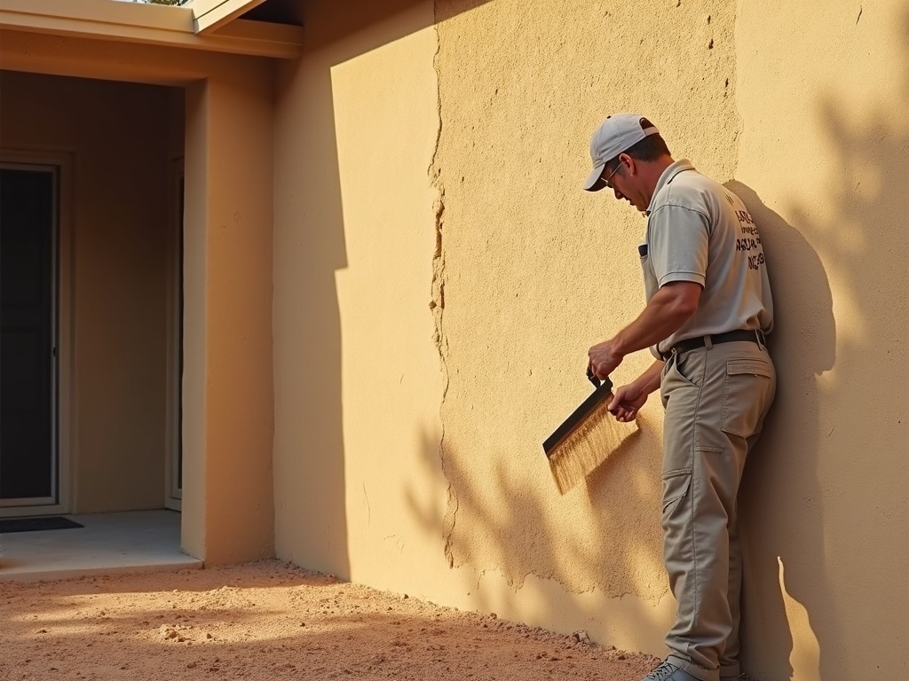 Soft Spots and Hollow Sounds: How to Find Hidden Damage in Your Stucco Before It Spreads A stucco specialist performing a tap test on an exterior wall to locate stucco hollow spots on a suburban Arizona home in the morning light.